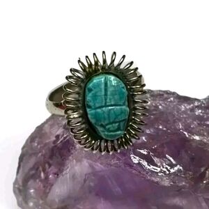 Vintage NOS Egyptian Blue Scarab Faience Costume Jewelry Fashion Ring Sizes 9.5